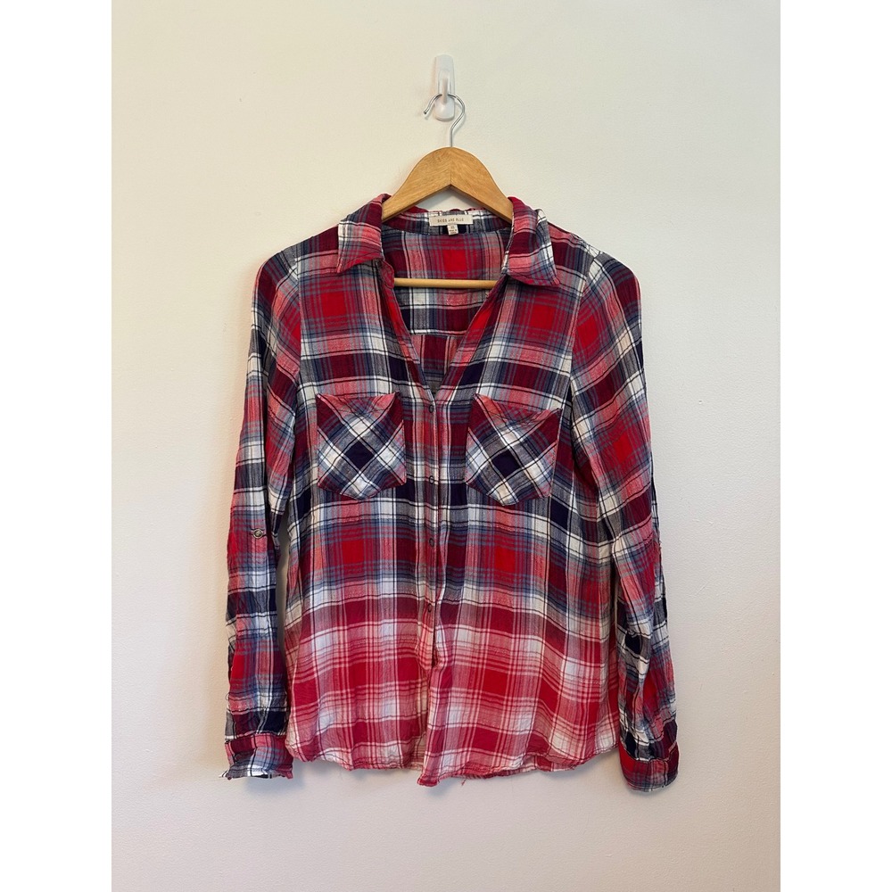 Skies Are Blue Red and Navy Blue Plaid Rayon Button Down Shirt | Size XS